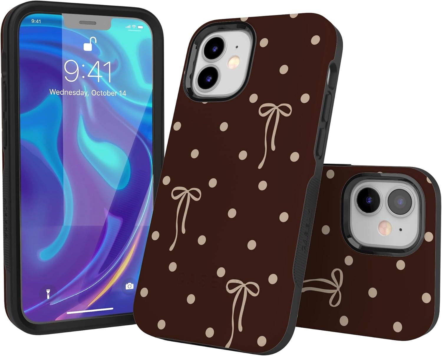 imageCasely iPhone 15 Pro Case Heart Noir Tiny Hearts Bold Protective Design MagSafe Compatible DesignTeddy Bows Brown Polka Dot