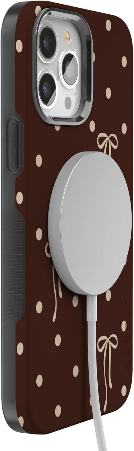 imageCasely iPhone 15 Pro Case Heart Noir Tiny Hearts Bold Protective Design MagSafe Compatible DesignTeddy Bows Brown Polka Dot