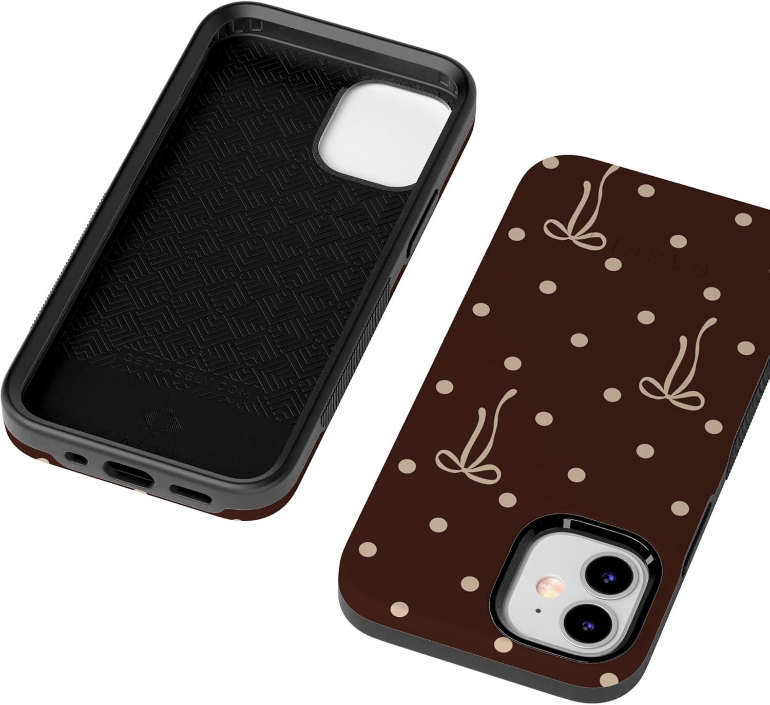 imageCasely iPhone 15 Pro Case Heart Noir Tiny Hearts Bold Protective Design MagSafe Compatible DesignTeddy Bows Brown Polka Dot
