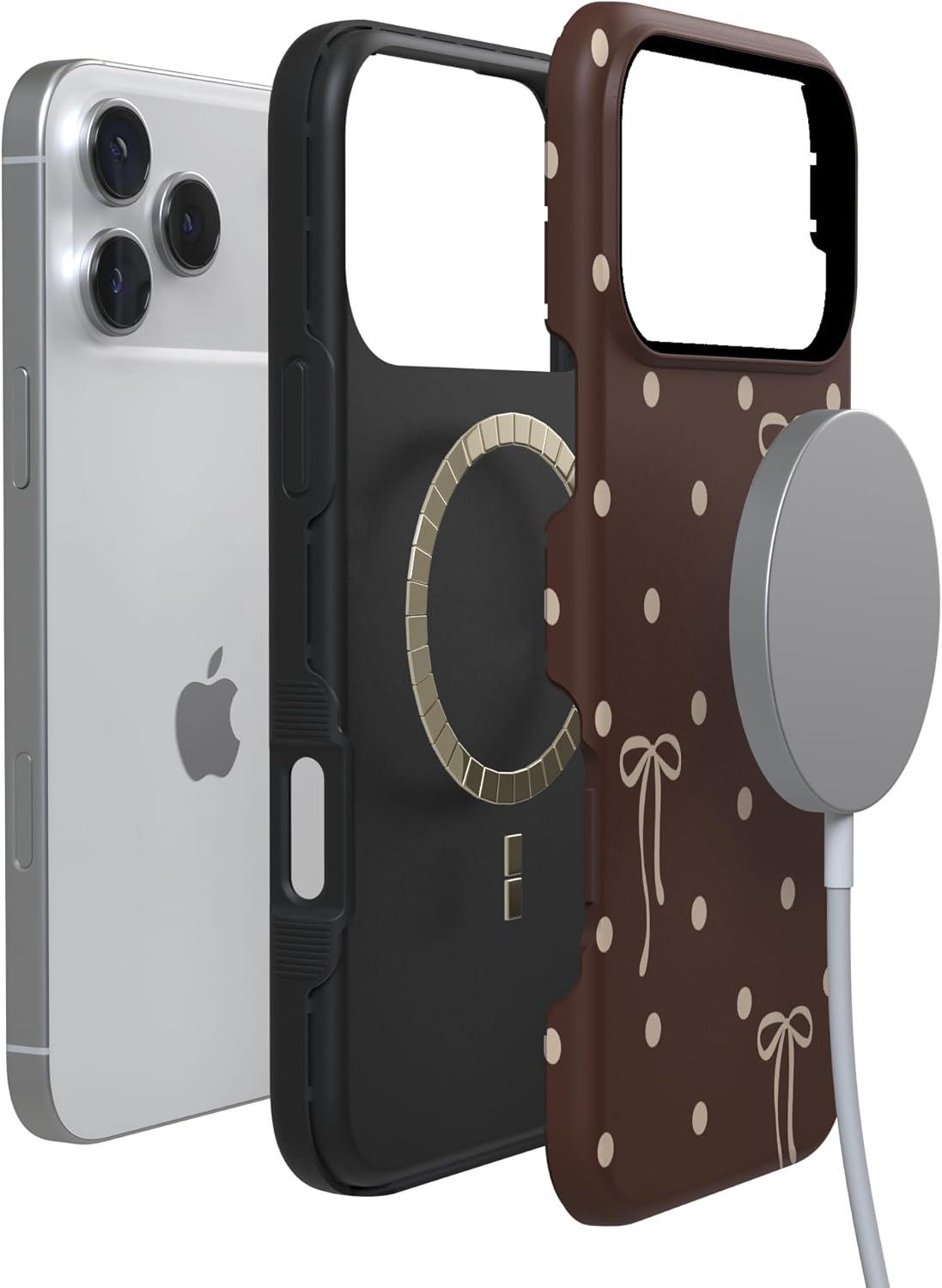 imageCasely iPhone 15 Pro Case Heart Noir Tiny Hearts Bold Protective Design MagSafe Compatible DesignTeddy Bows Brown Polka Dot