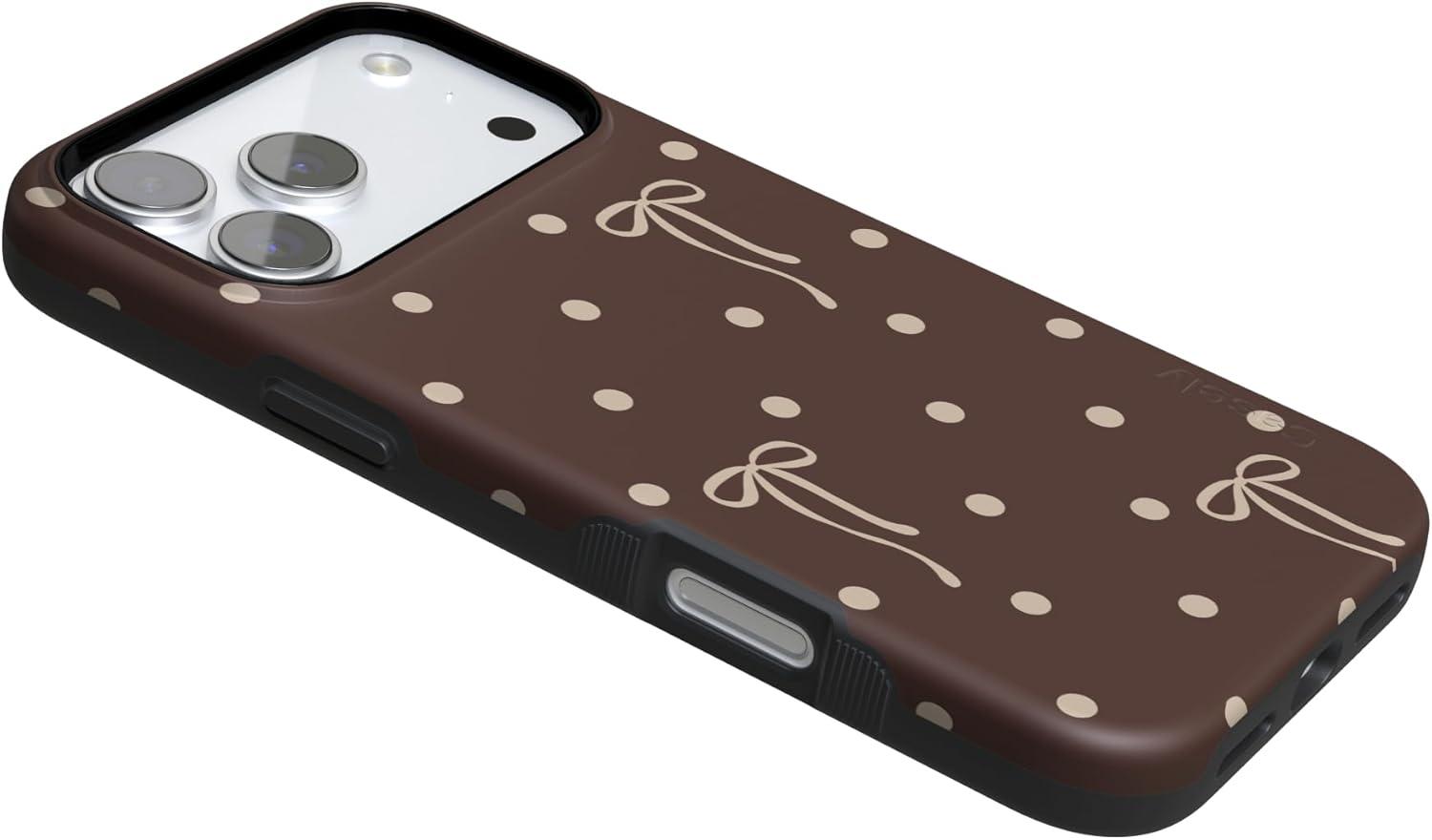 imageCasely iPhone 15 Pro Case Heart Noir Tiny Hearts Bold Protective Design MagSafe Compatible DesignTeddy Bows Brown Polka Dot