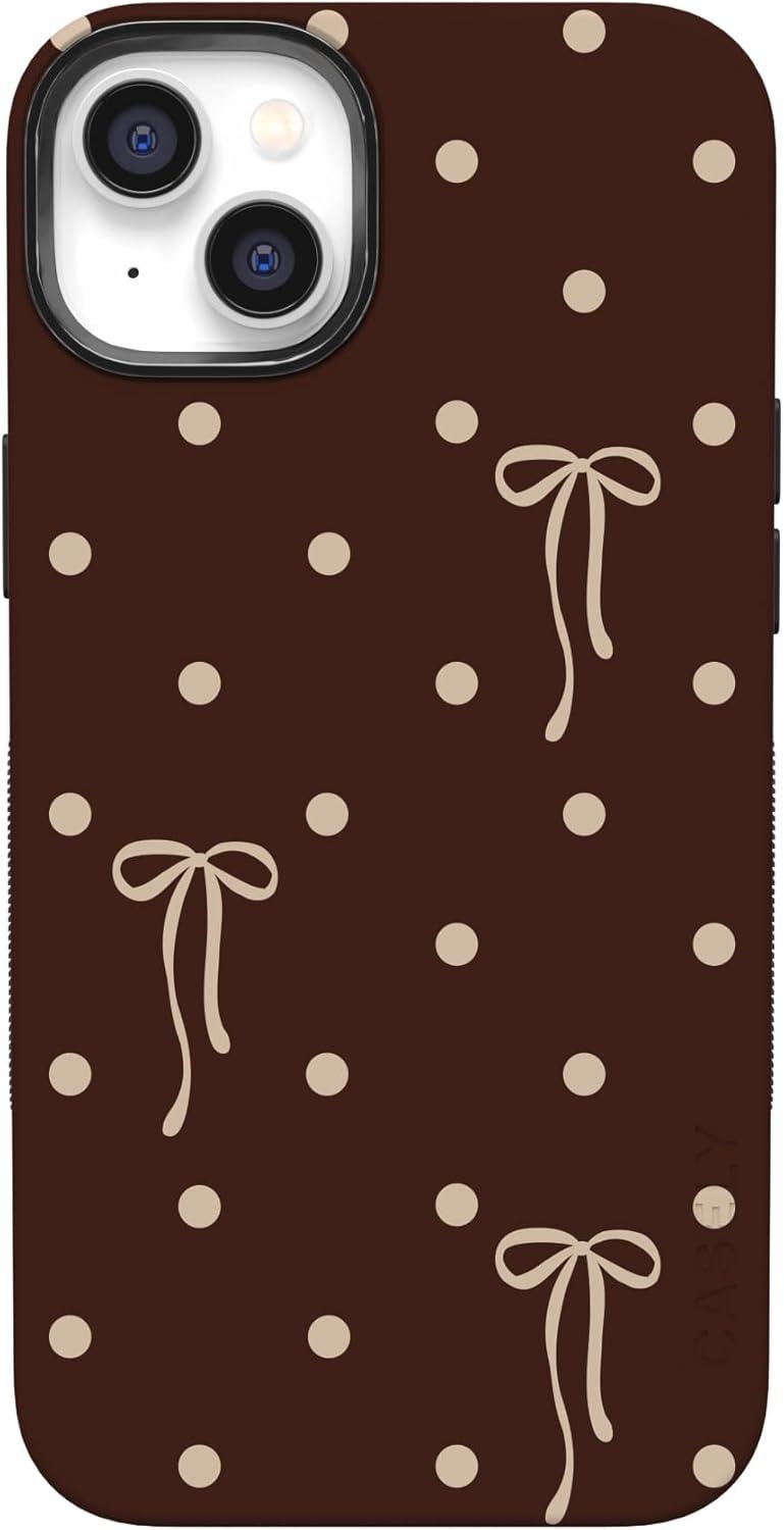 imageCasely iPhone 15 Pro Case Heart Noir Tiny Hearts Bold Protective Design MagSafe Compatible DesignTeddy Bows Brown Polka Dot