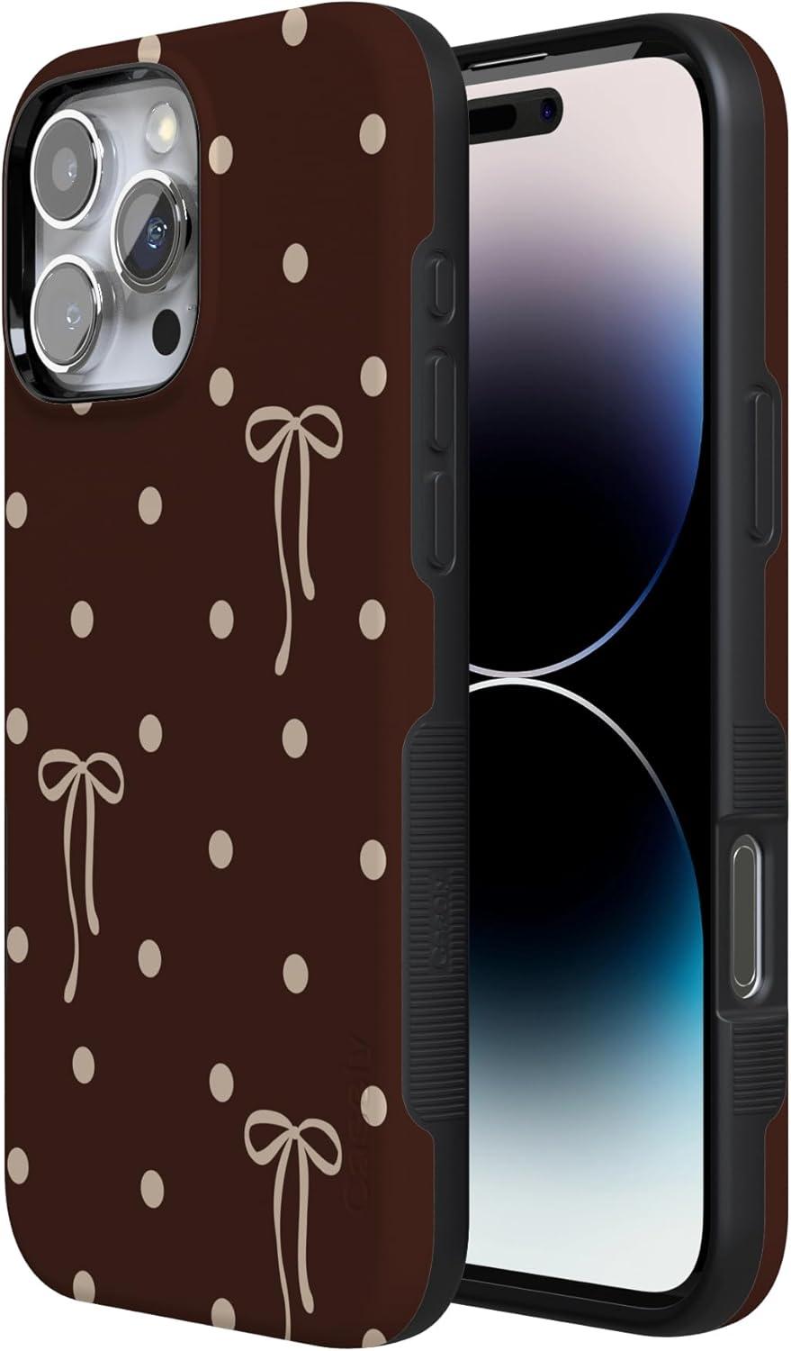 imageCasely iPhone 15 Pro Case Heart Noir Tiny Hearts Bold Protective Design MagSafe Compatible DesignTeddy Bows Brown Polka Dot