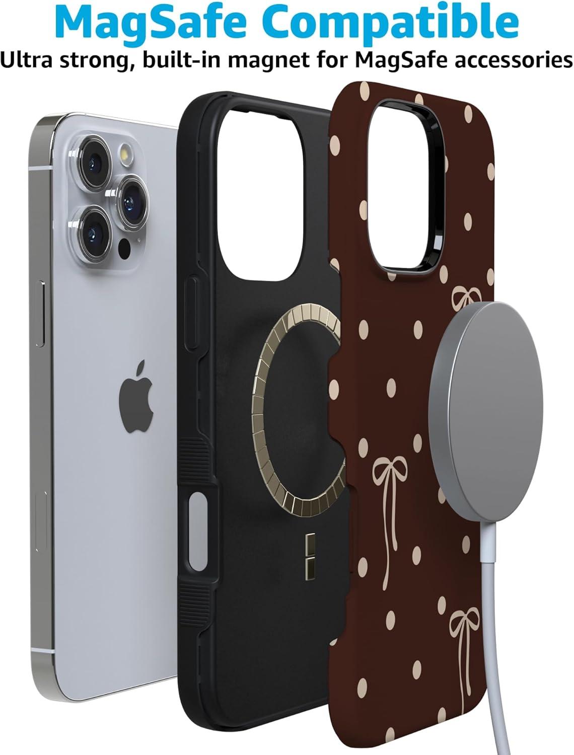 imageCasely iPhone 15 Pro Case Heart Noir Tiny Hearts Bold Protective Design MagSafe Compatible DesignTeddy Bows Brown Polka Dot