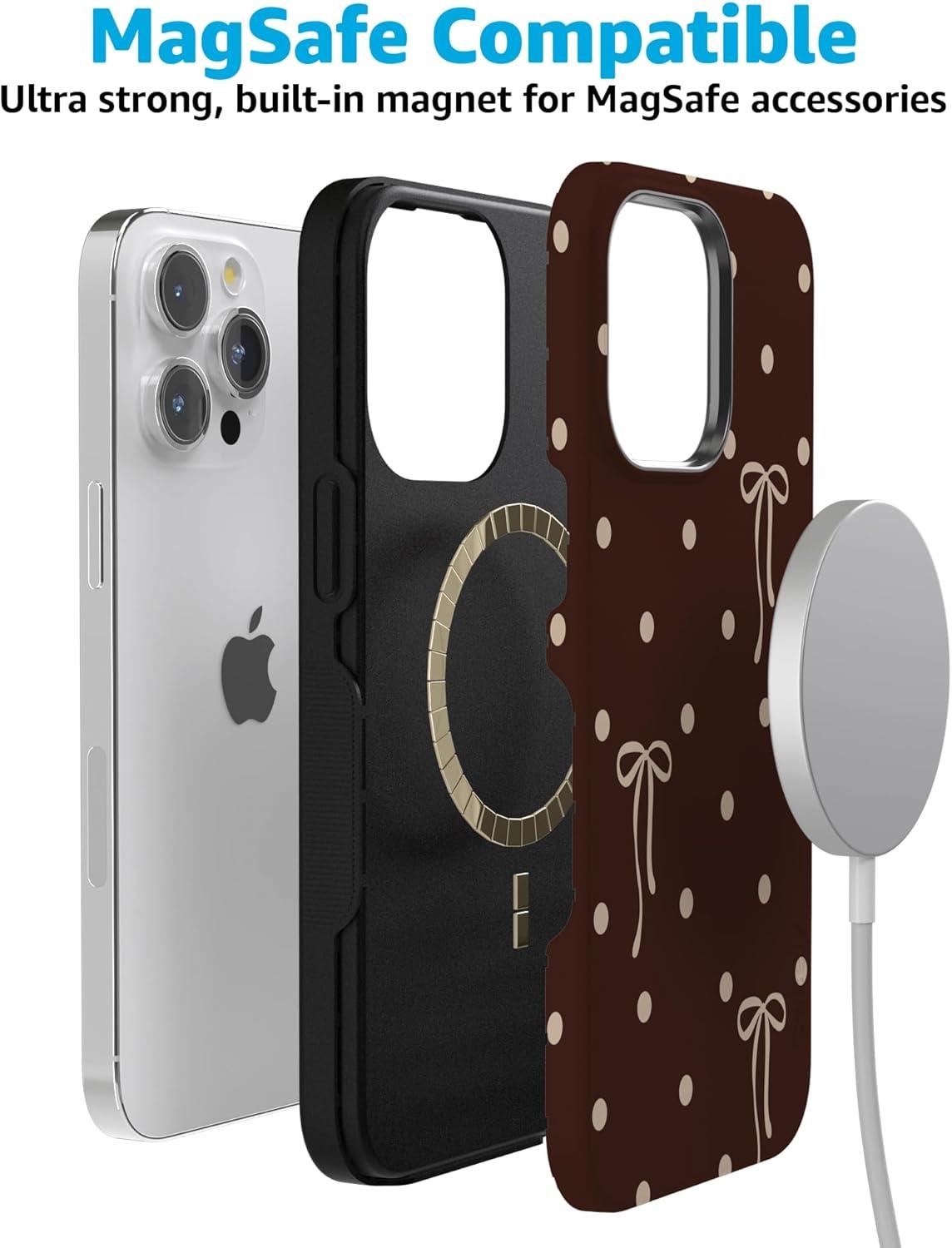 imageCasely iPhone 15 Pro Case Heart Noir Tiny Hearts Bold Protective Design MagSafe Compatible DesignTeddy Bows Brown Polka Dot