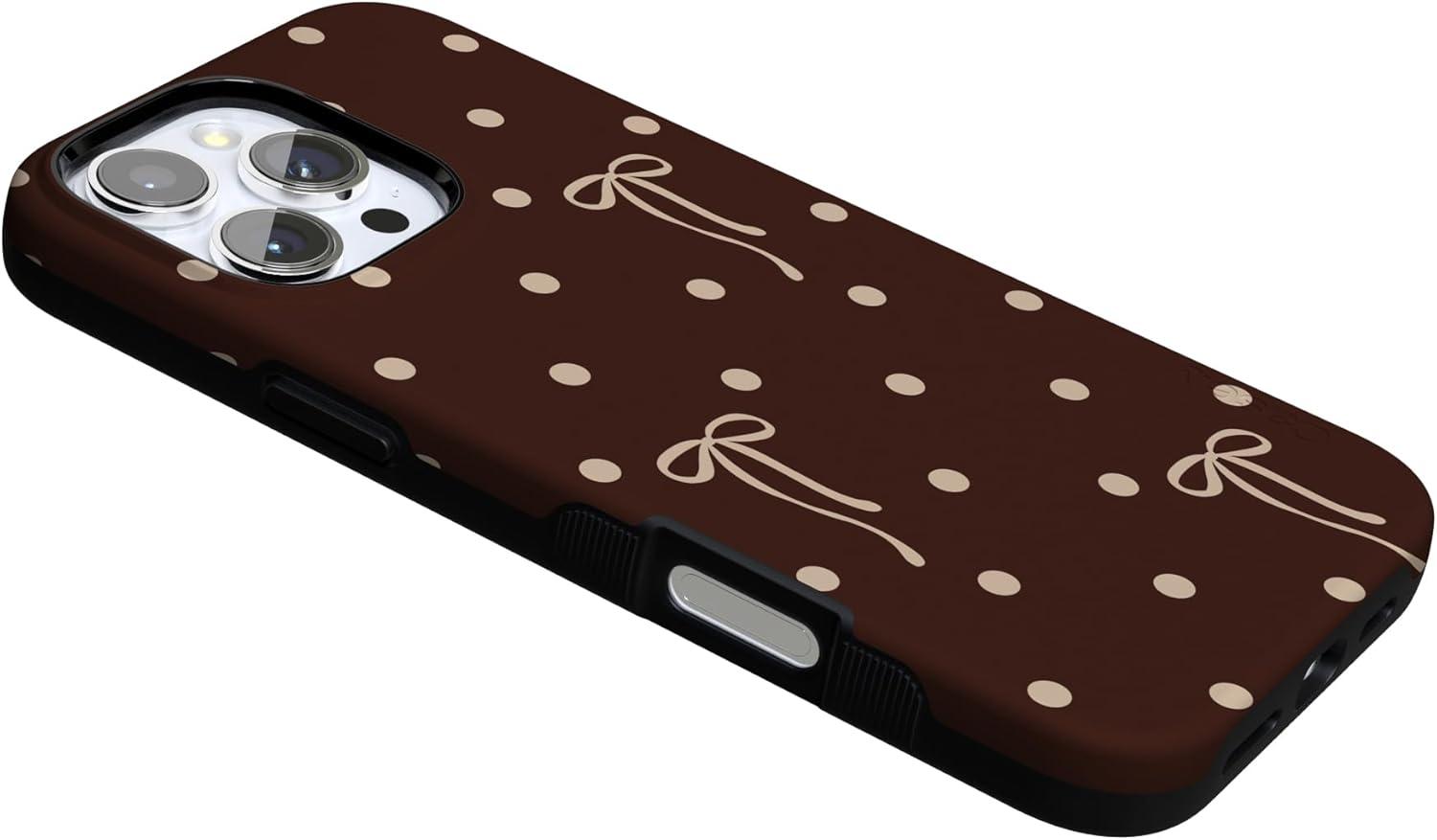 imageCasely iPhone 15 Pro Case Heart Noir Tiny Hearts Bold Protective Design MagSafe Compatible DesignTeddy Bows Brown Polka Dot