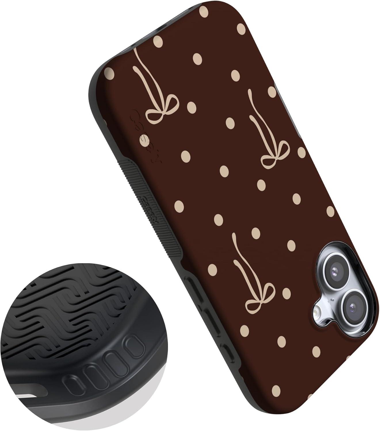 imageCasely iPhone 15 Pro Case Heart Noir Tiny Hearts Bold Protective Design MagSafe Compatible DesignTeddy Bows Brown Polka Dot