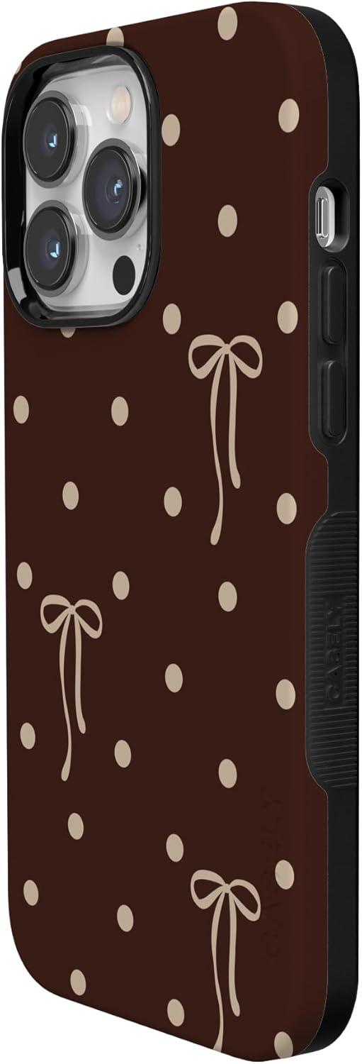 imageCasely iPhone 15 Pro Case Heart Noir Tiny Hearts Bold Protective Design MagSafe Compatible DesignTeddy Bows Brown Polka Dot