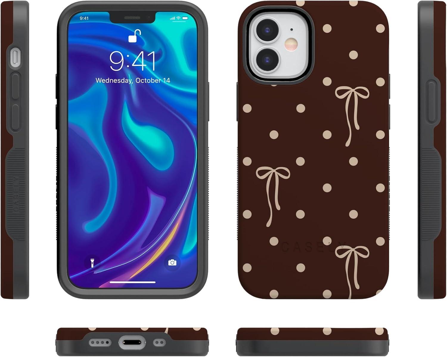 imageCasely iPhone 15 Pro Case Heart Noir Tiny Hearts Bold Protective Design MagSafe Compatible DesignTeddy Bows Brown Polka Dot