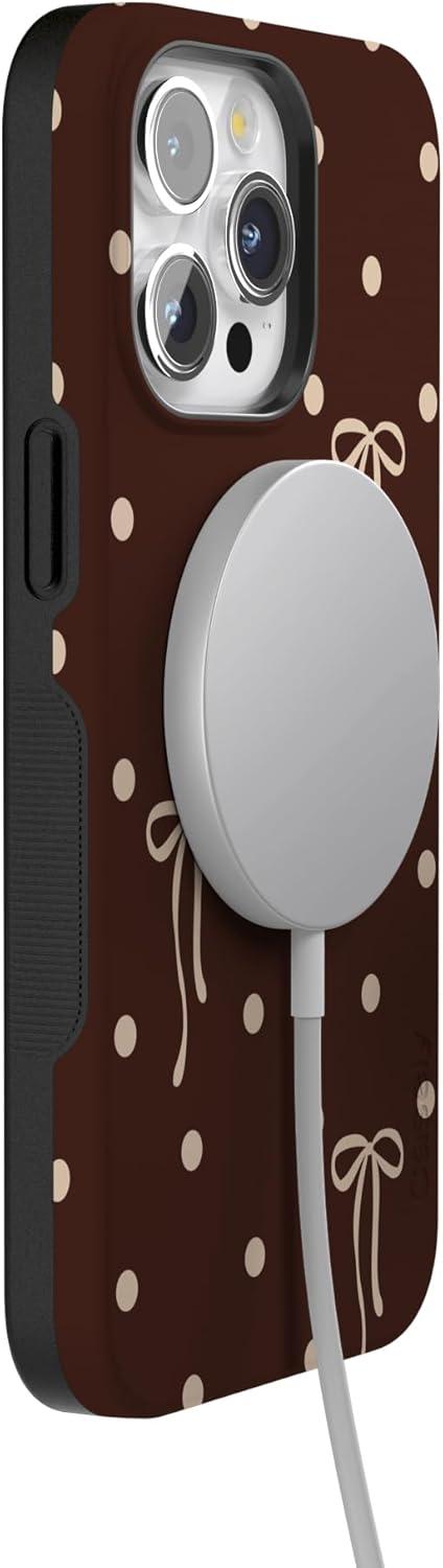imageCasely iPhone 15 Pro Case Heart Noir Tiny Hearts Bold Protective Design MagSafe Compatible DesignTeddy Bows Brown Polka Dot