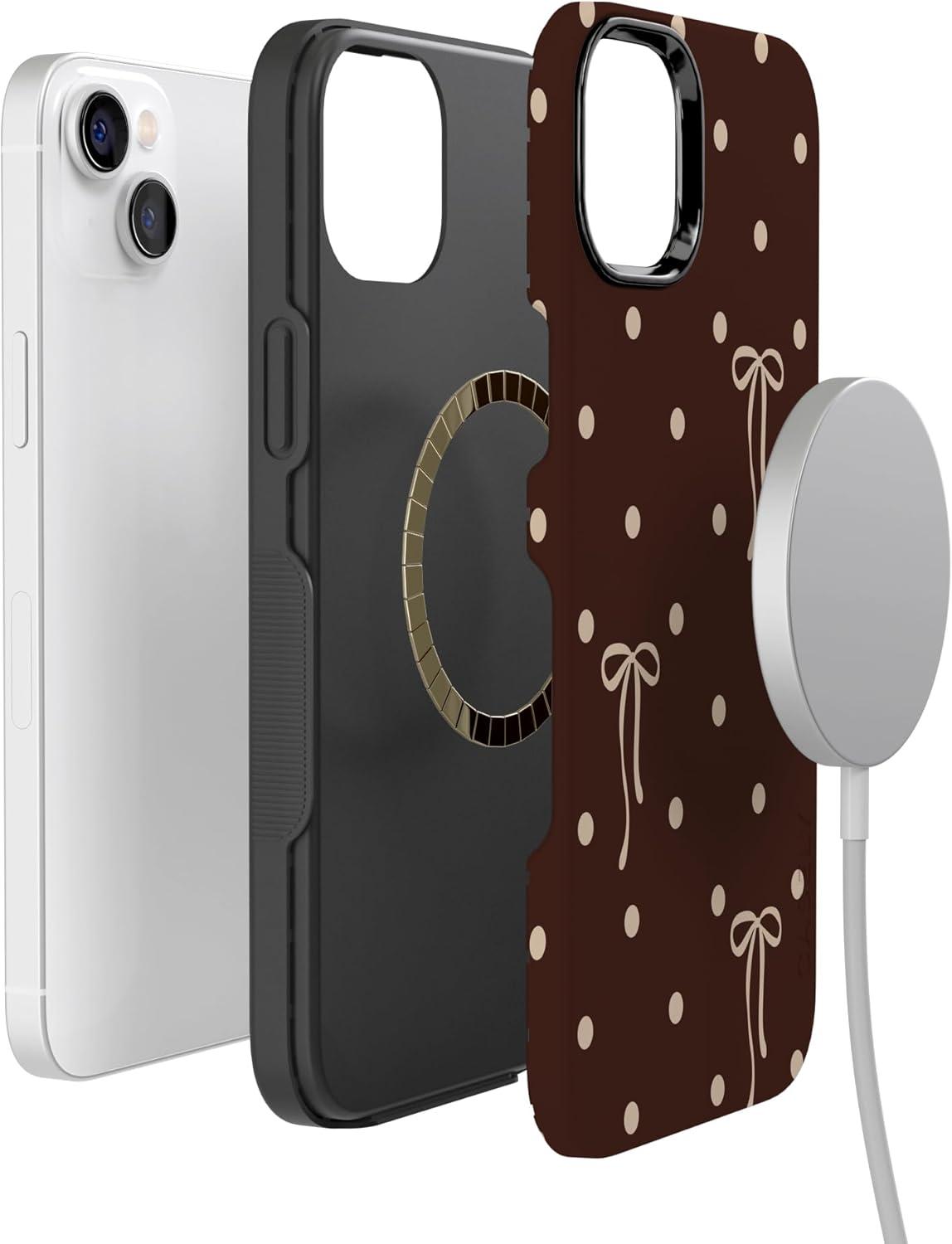 imageCasely iPhone 15 Pro Case Heart Noir Tiny Hearts Bold Protective Design MagSafe Compatible DesignTeddy Bows Brown Polka Dot