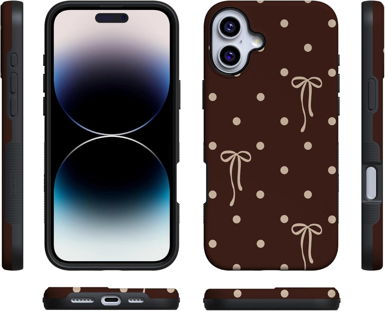 imageCasely iPhone 15 Pro Case Heart Noir Tiny Hearts Bold Protective Design MagSafe Compatible DesignTeddy Bows Brown Polka Dot