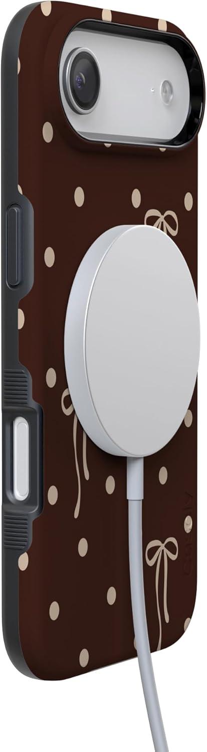 imageCasely iPhone 15 Pro Case Heart Noir Tiny Hearts Bold Protective Design MagSafe Compatible DesignTeddy Bows Brown Polka Dot