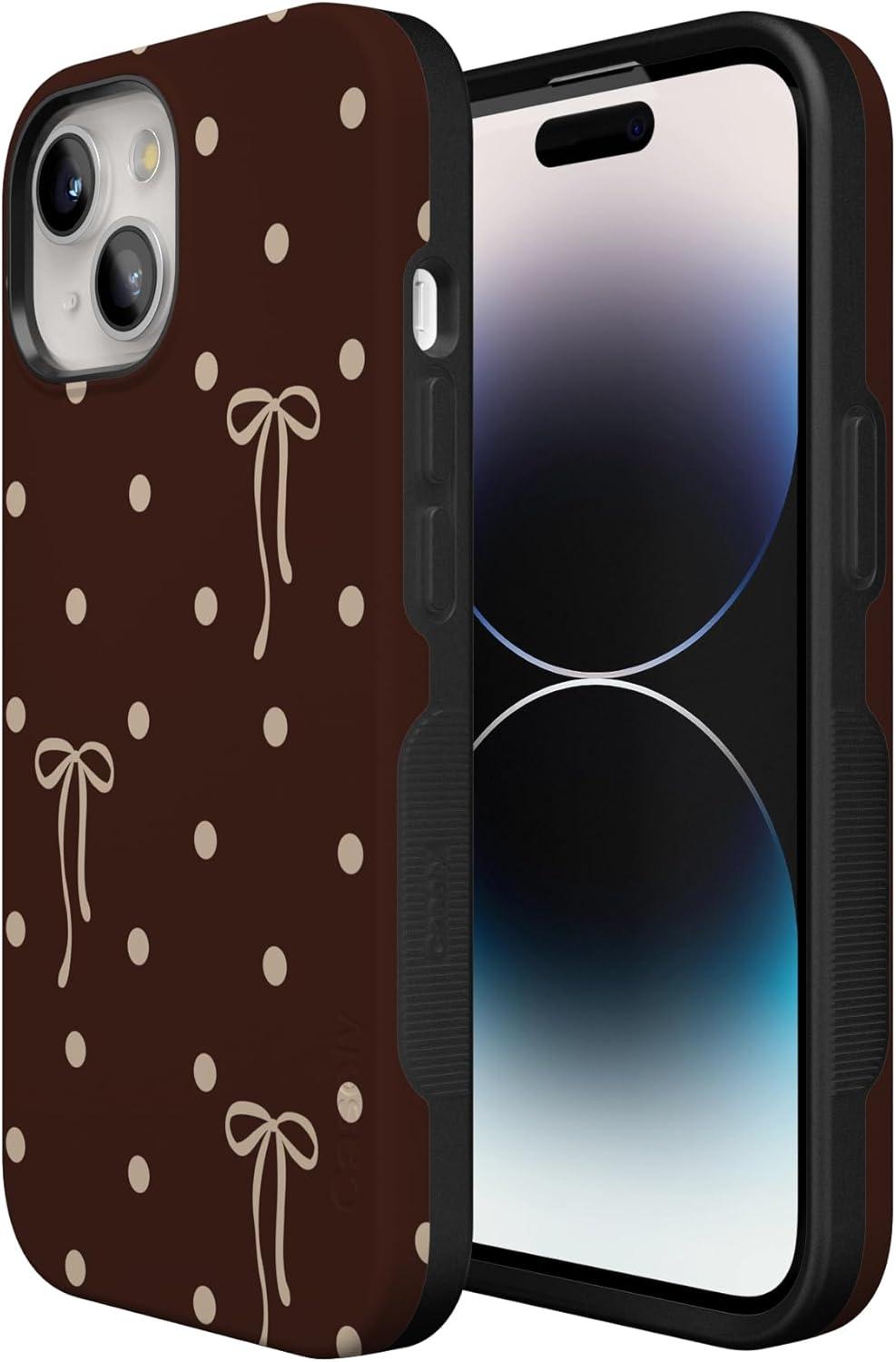 imageCasely iPhone 15 Pro Case Heart Noir Tiny Hearts Bold Protective Design MagSafe Compatible DesignTeddy Bows Brown Polka Dot