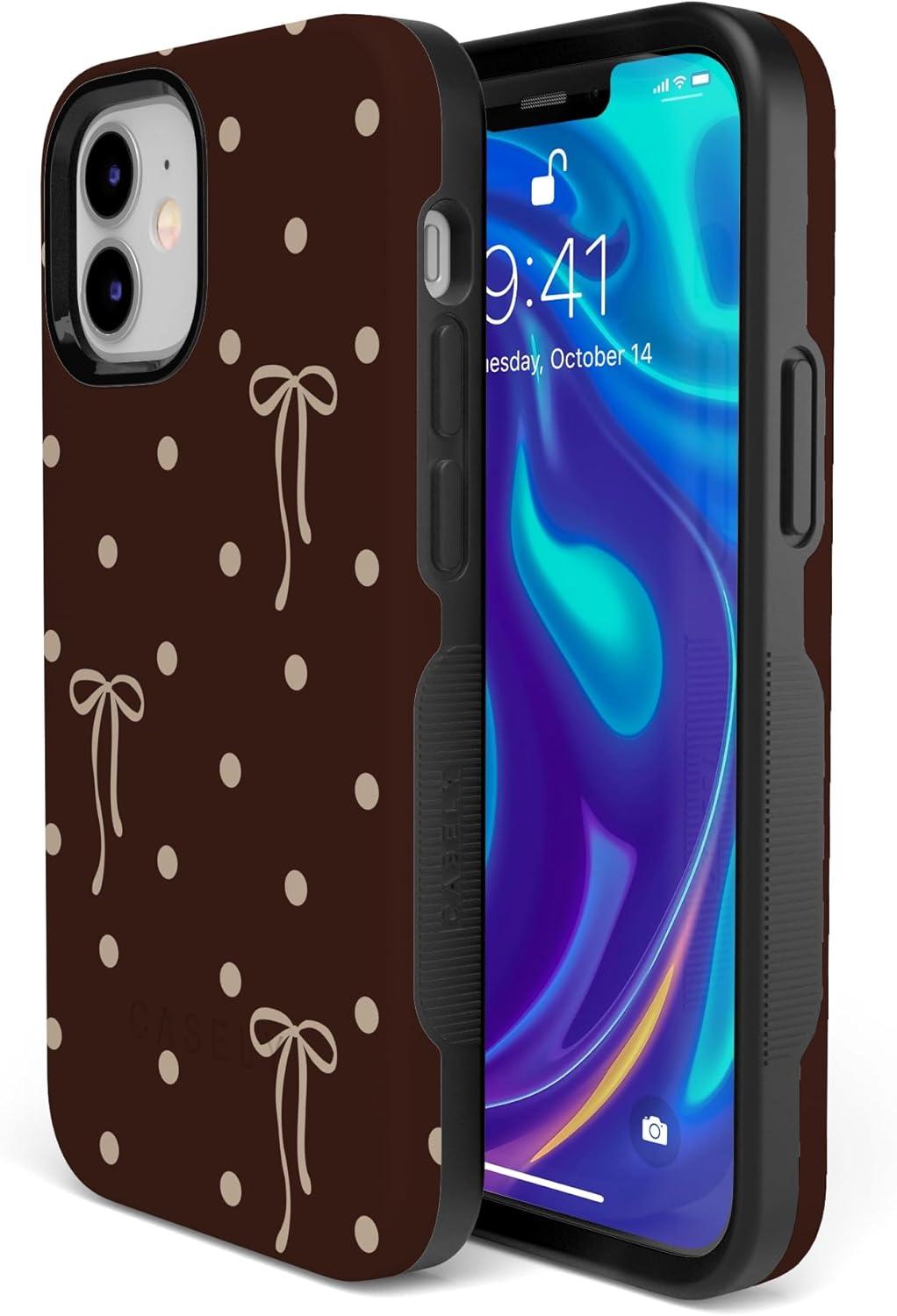 imageCasely iPhone 15 Pro Case Heart Noir Tiny Hearts Bold Protective Design MagSafe Compatible DesignTeddy Bows Brown Polka Dot