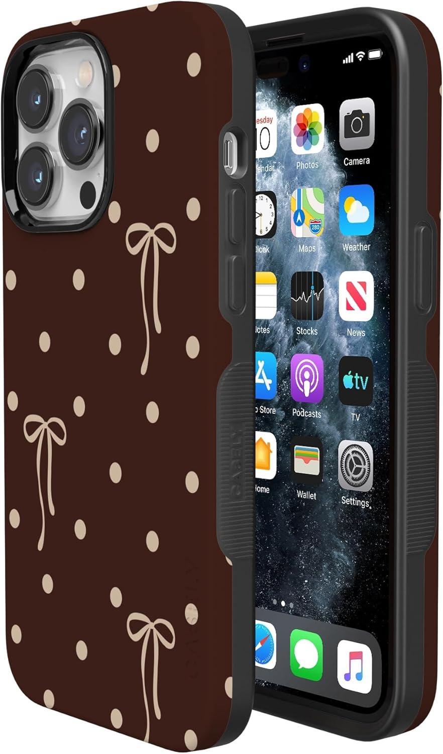 imageCasely iPhone 15 Pro Case Heart Noir Tiny Hearts Bold Protective Design MagSafe Compatible DesignTeddy Bows Brown Polka Dot