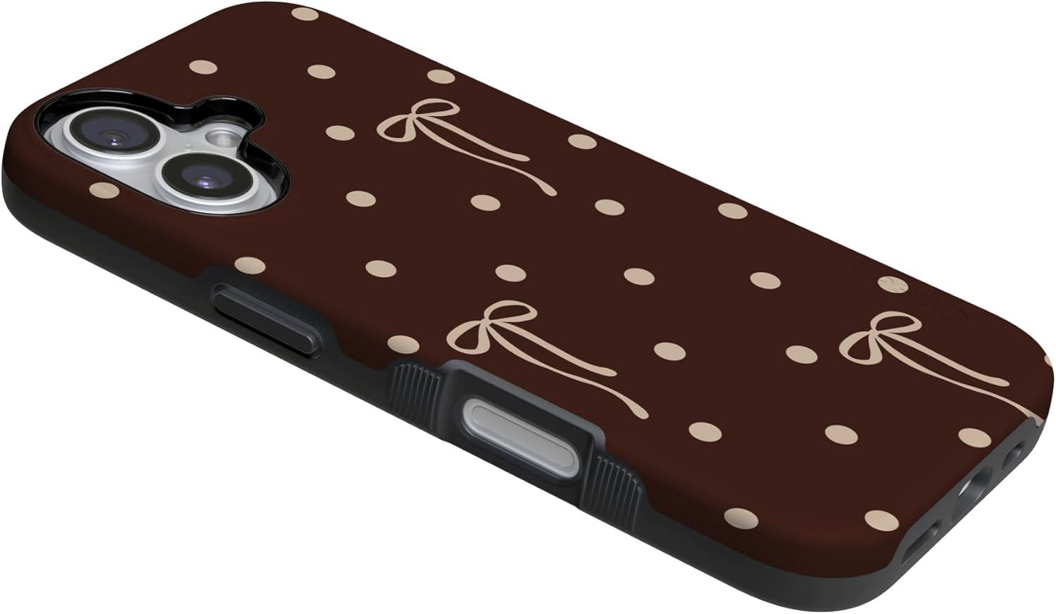 imageCasely iPhone 15 Pro Case Heart Noir Tiny Hearts Bold Protective Design MagSafe Compatible DesignTeddy Bows Brown Polka Dot