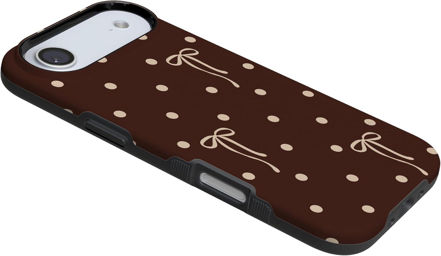 imageCasely iPhone 15 Pro Case Heart Noir Tiny Hearts Bold Protective Design MagSafe Compatible DesignTeddy Bows Brown Polka Dot