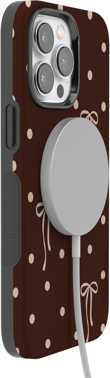 imageCasely iPhone 15 Pro Case Heart Noir Tiny Hearts Bold Protective Design MagSafe Compatible DesignTeddy Bows Brown Polka Dot