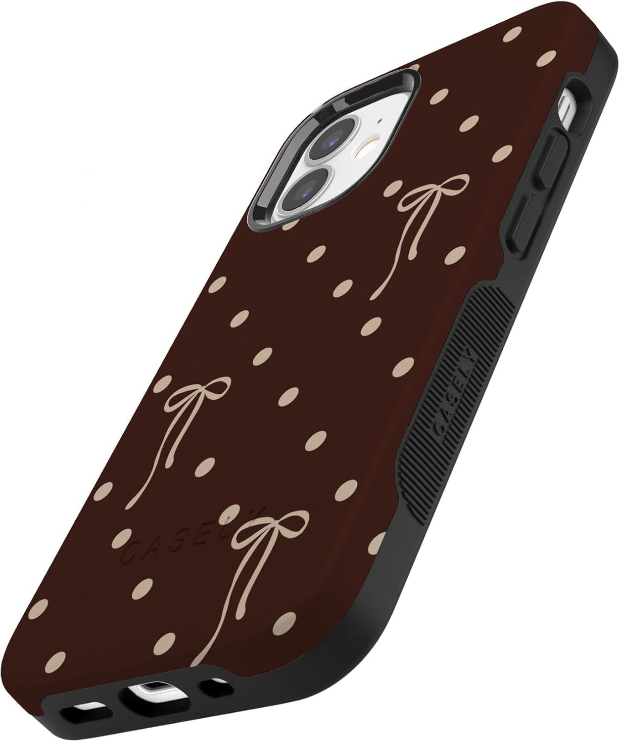 imageCasely iPhone 15 Pro Case Heart Noir Tiny Hearts Bold Protective Design MagSafe Compatible DesignTeddy Bows Brown Polka Dot