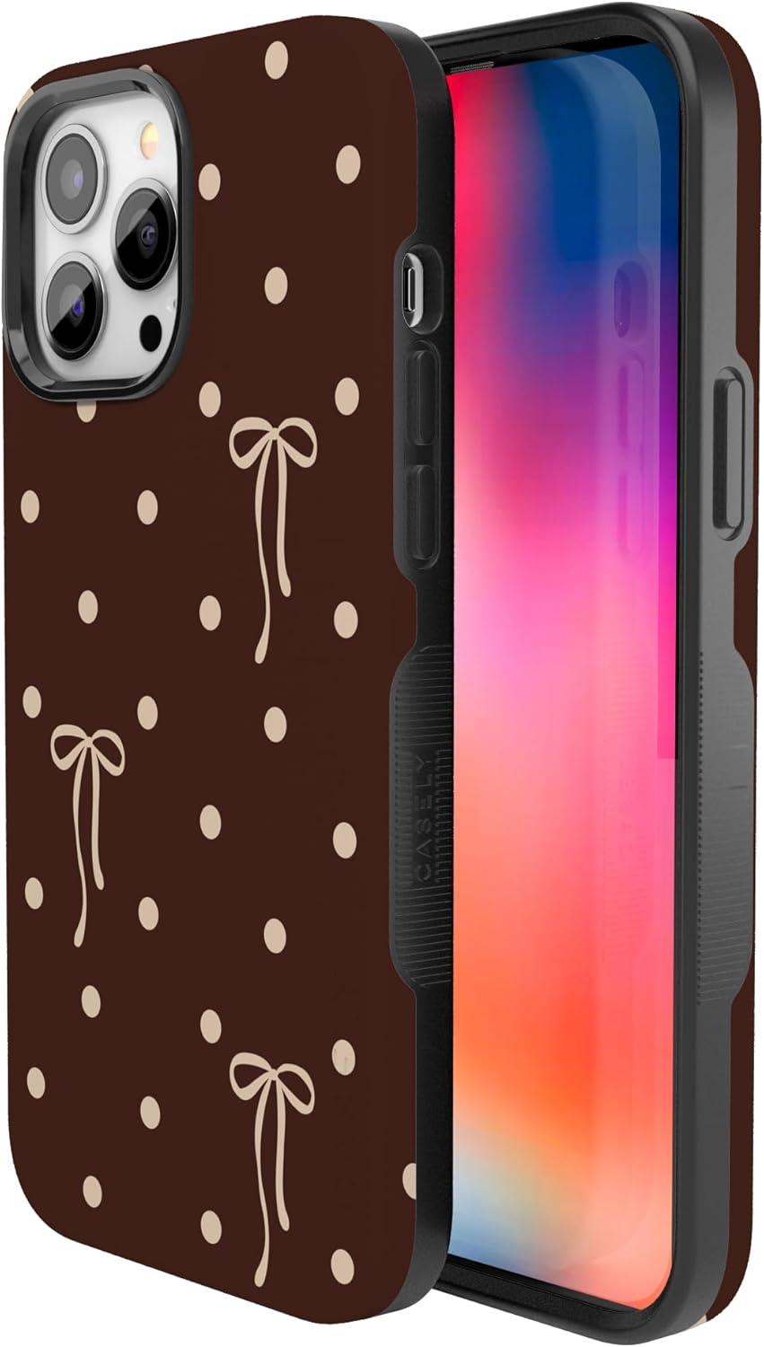 imageCasely iPhone 15 Pro Case Heart Noir Tiny Hearts Bold Protective Design MagSafe Compatible DesignTeddy Bows Brown Polka Dot