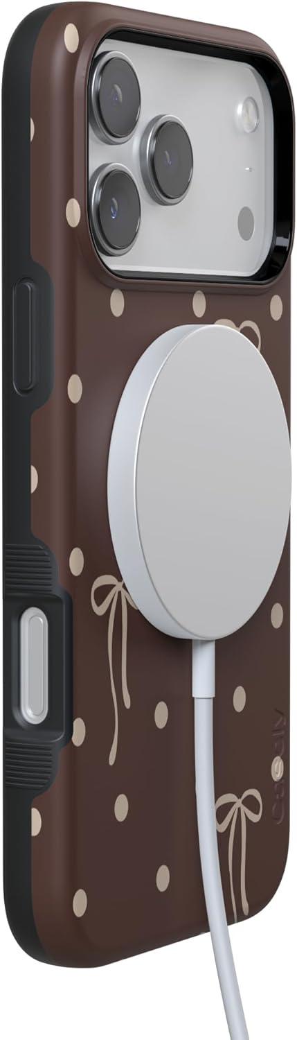 imageCasely iPhone 15 Pro Case Heart Noir Tiny Hearts Bold Protective Design MagSafe Compatible DesignTeddy Bows Brown Polka Dot