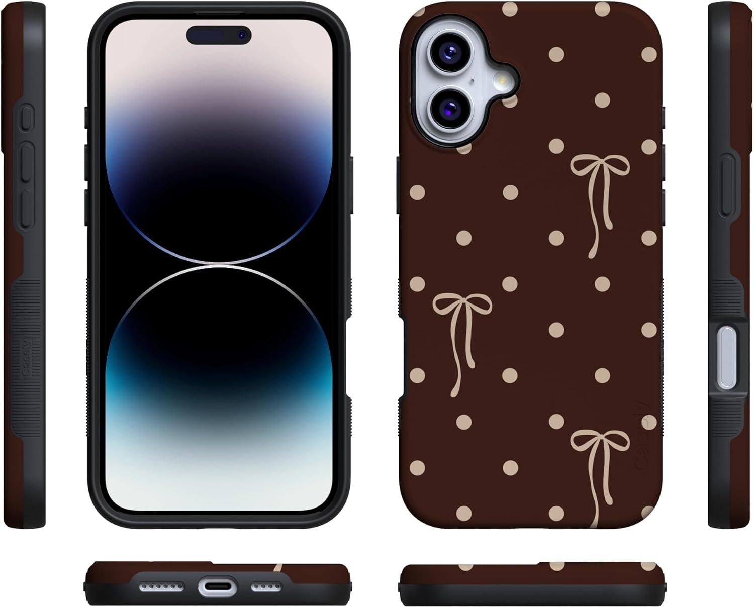 imageCasely iPhone 15 Pro Case Heart Noir Tiny Hearts Bold Protective Design MagSafe Compatible DesignTeddy Bows Brown Polka Dot