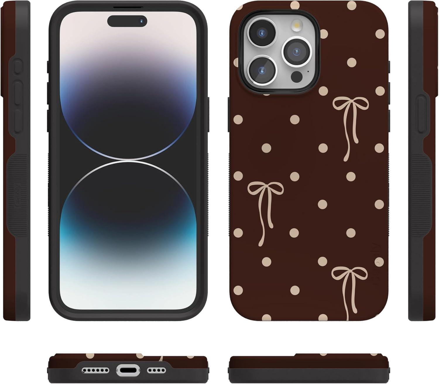 imageCasely iPhone 15 Pro Case Heart Noir Tiny Hearts Bold Protective Design MagSafe Compatible DesignTeddy Bows Brown Polka Dot