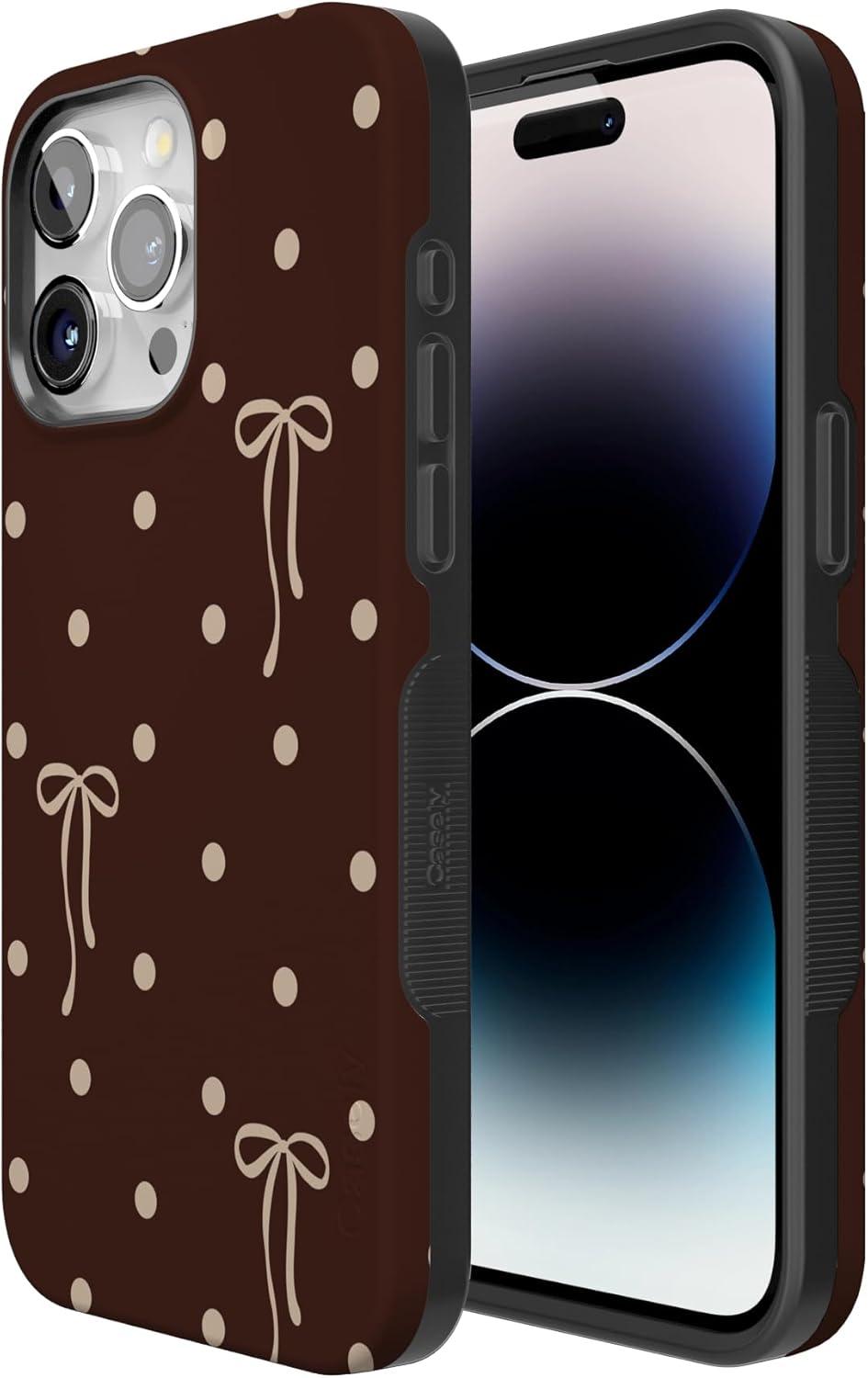 imageCasely iPhone 15 Pro Case Heart Noir Tiny Hearts Bold Protective Design MagSafe Compatible DesignTeddy Bows Brown Polka Dot