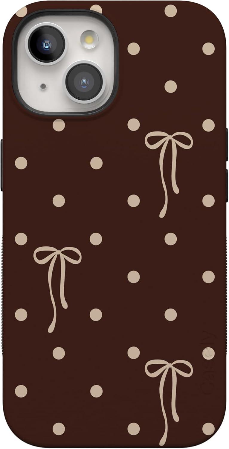 imageCasely iPhone 15 Pro Case Heart Noir Tiny Hearts Bold Protective Design MagSafe Compatible DesignTeddy Bows Brown Polka Dot