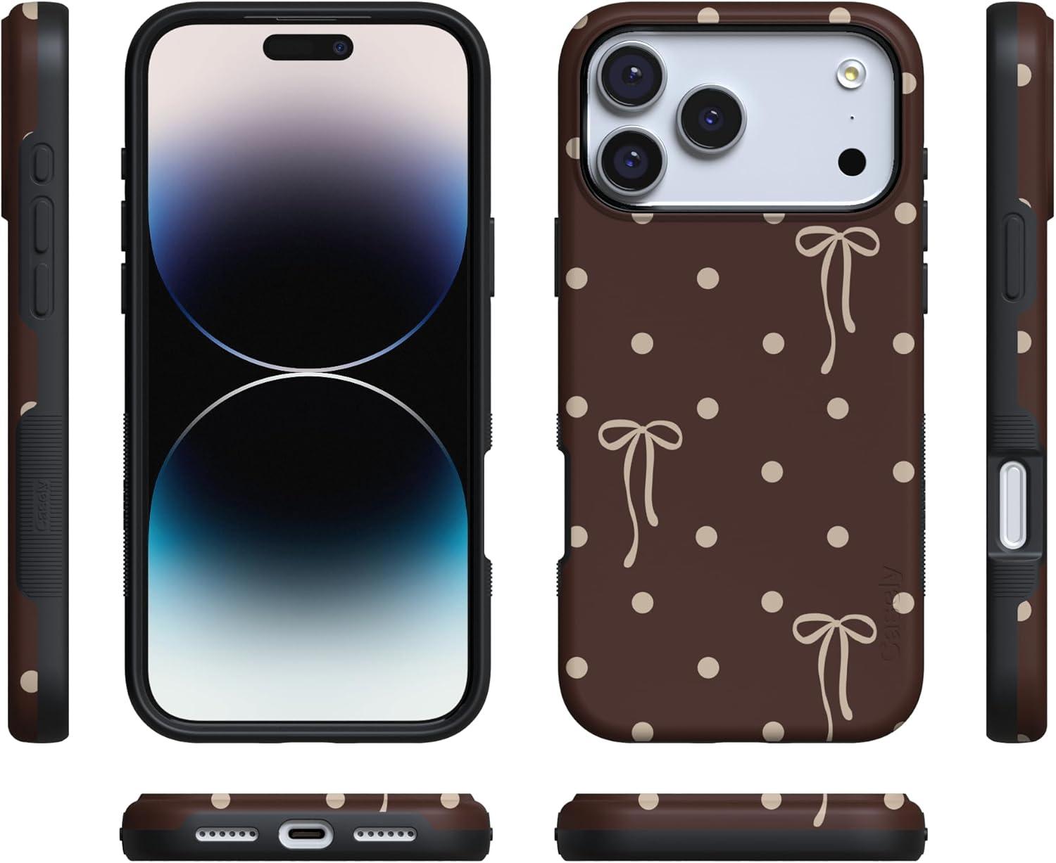 imageCasely iPhone 15 Pro Case Heart Noir Tiny Hearts Bold Protective Design MagSafe Compatible DesignTeddy Bows Brown Polka Dot