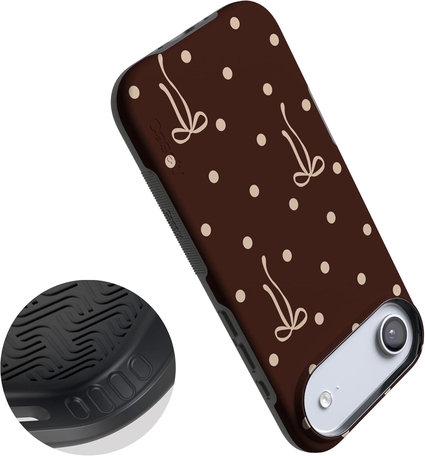 imageCasely iPhone 15 Pro Case Heart Noir Tiny Hearts Bold Protective Design MagSafe Compatible DesignTeddy Bows Brown Polka Dot