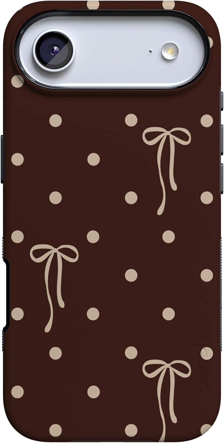 imageCasely iPhone 15 Pro Case Heart Noir Tiny Hearts Bold Protective Design MagSafe Compatible DesignTeddy Bows Brown Polka Dot