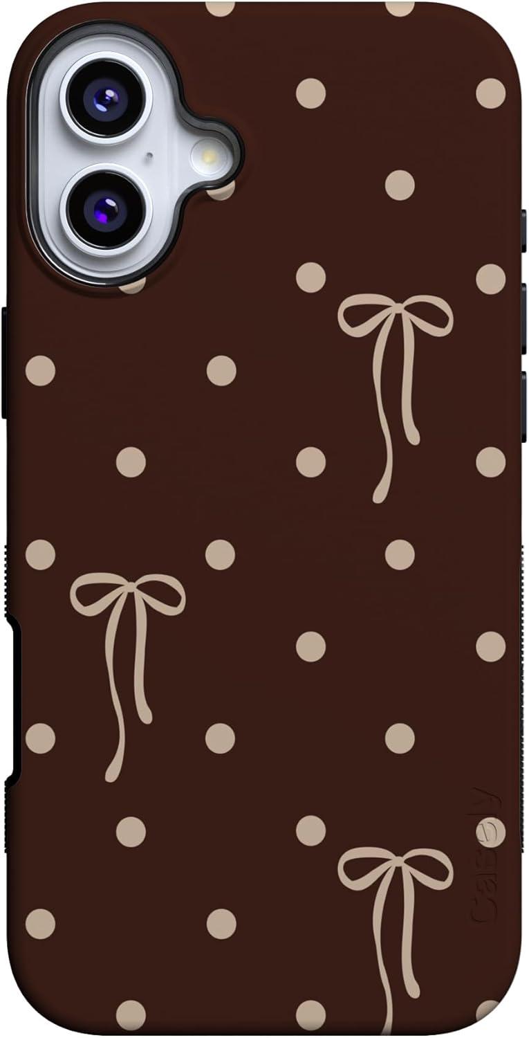 imageCasely iPhone 15 Pro Case Heart Noir Tiny Hearts Bold Protective Design MagSafe Compatible DesignTeddy Bows Brown Polka Dot