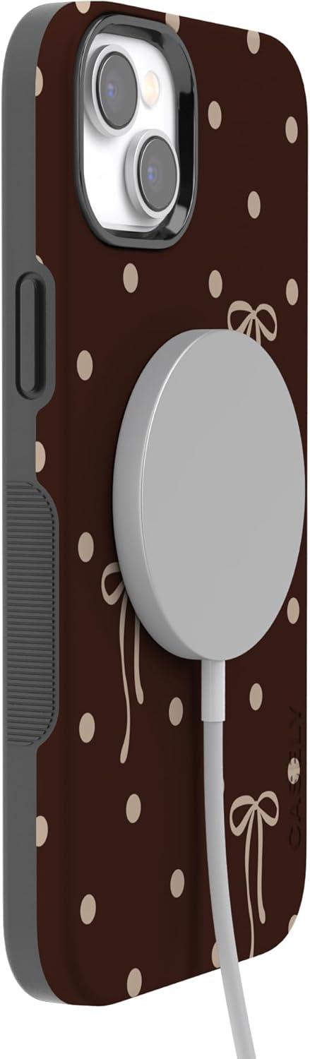 imageCasely iPhone 15 Pro Case Heart Noir Tiny Hearts Bold Protective Design MagSafe Compatible DesignTeddy Bows Brown Polka Dot