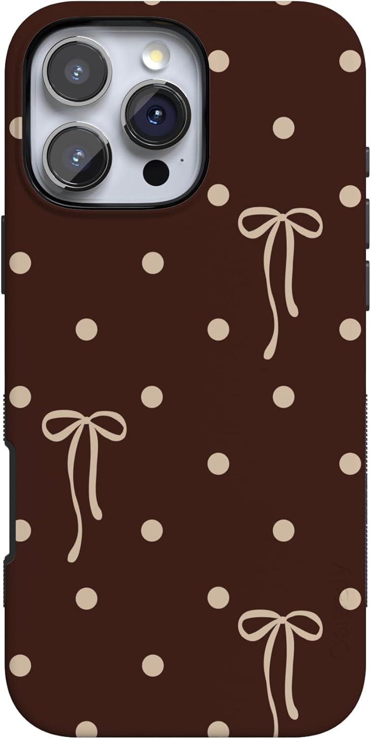 imageCasely iPhone 15 Pro Case Heart Noir Tiny Hearts Bold Protective Design MagSafe Compatible DesignTeddy Bows Brown Polka Dot