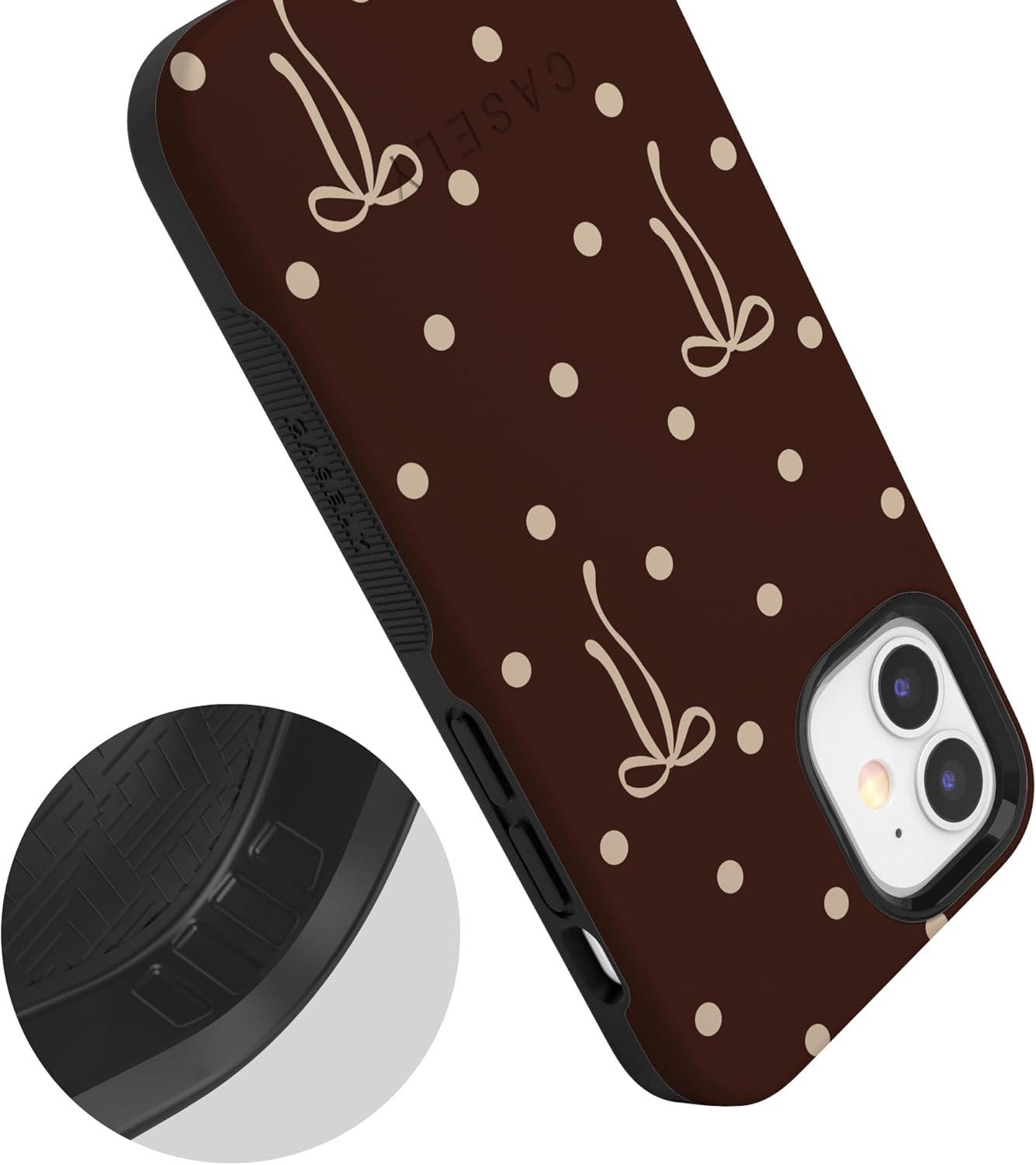 imageCasely iPhone 15 Pro Case Heart Noir Tiny Hearts Bold Protective Design MagSafe Compatible DesignTeddy Bows Brown Polka Dot