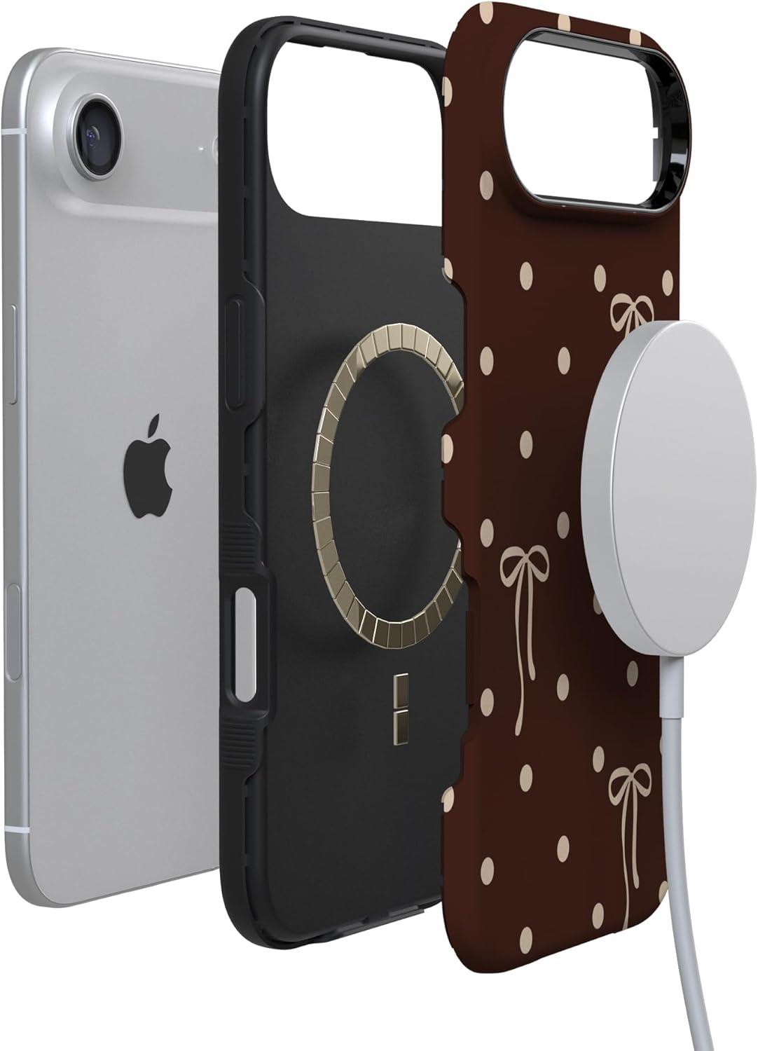 imageCasely iPhone 15 Pro Case Heart Noir Tiny Hearts Bold Protective Design MagSafe Compatible DesignTeddy Bows Brown Polka Dot