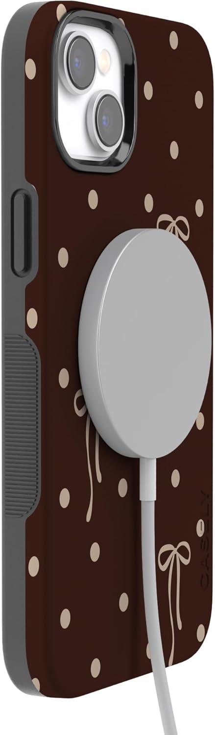 imageCasely iPhone 15 Pro Case Heart Noir Tiny Hearts Bold Protective Design MagSafe Compatible DesignTeddy Bows Brown Polka Dot