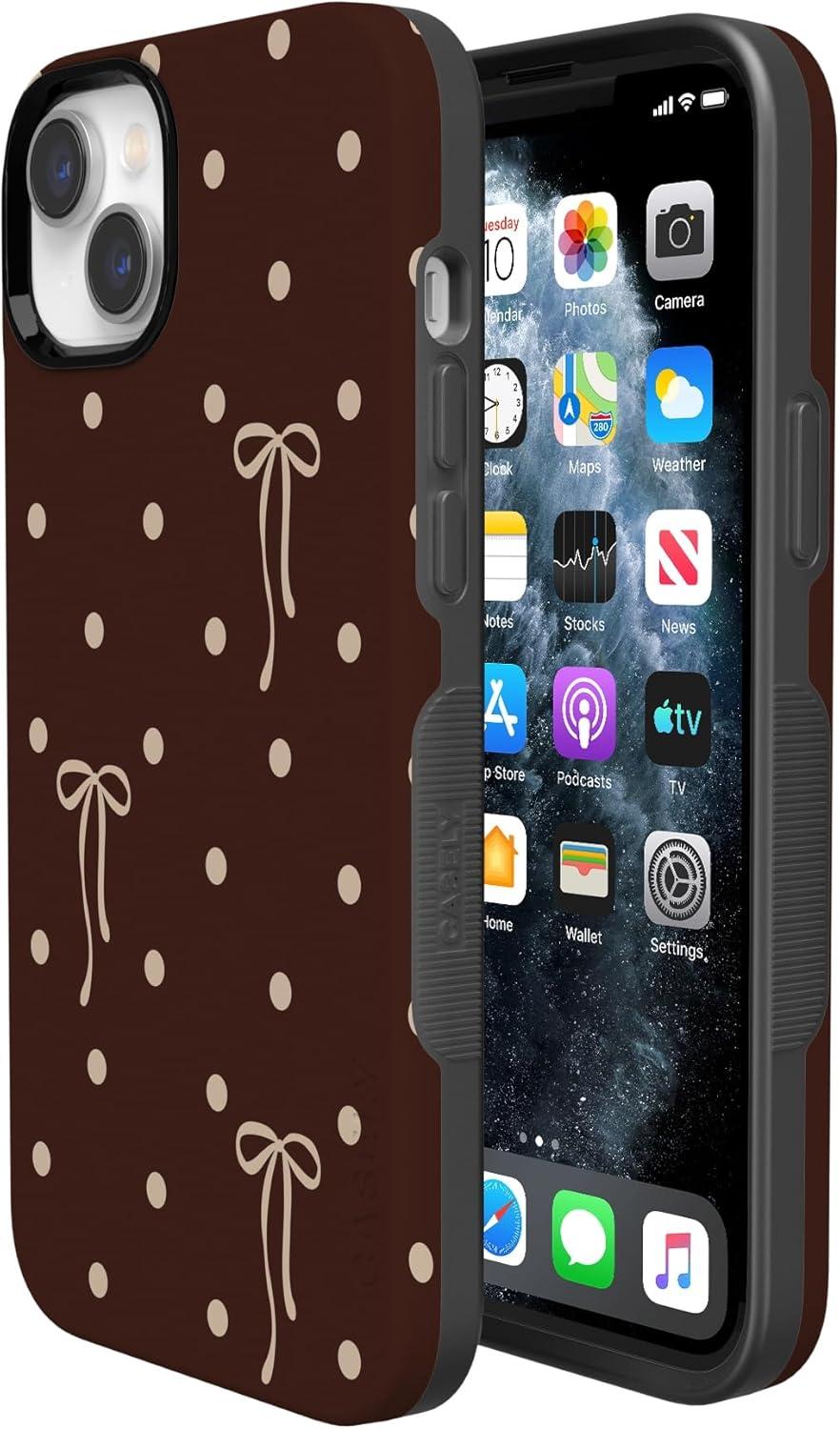 imageCasely iPhone 15 Pro Case Heart Noir Tiny Hearts Bold Protective Design MagSafe Compatible DesignTeddy Bows Brown Polka Dot