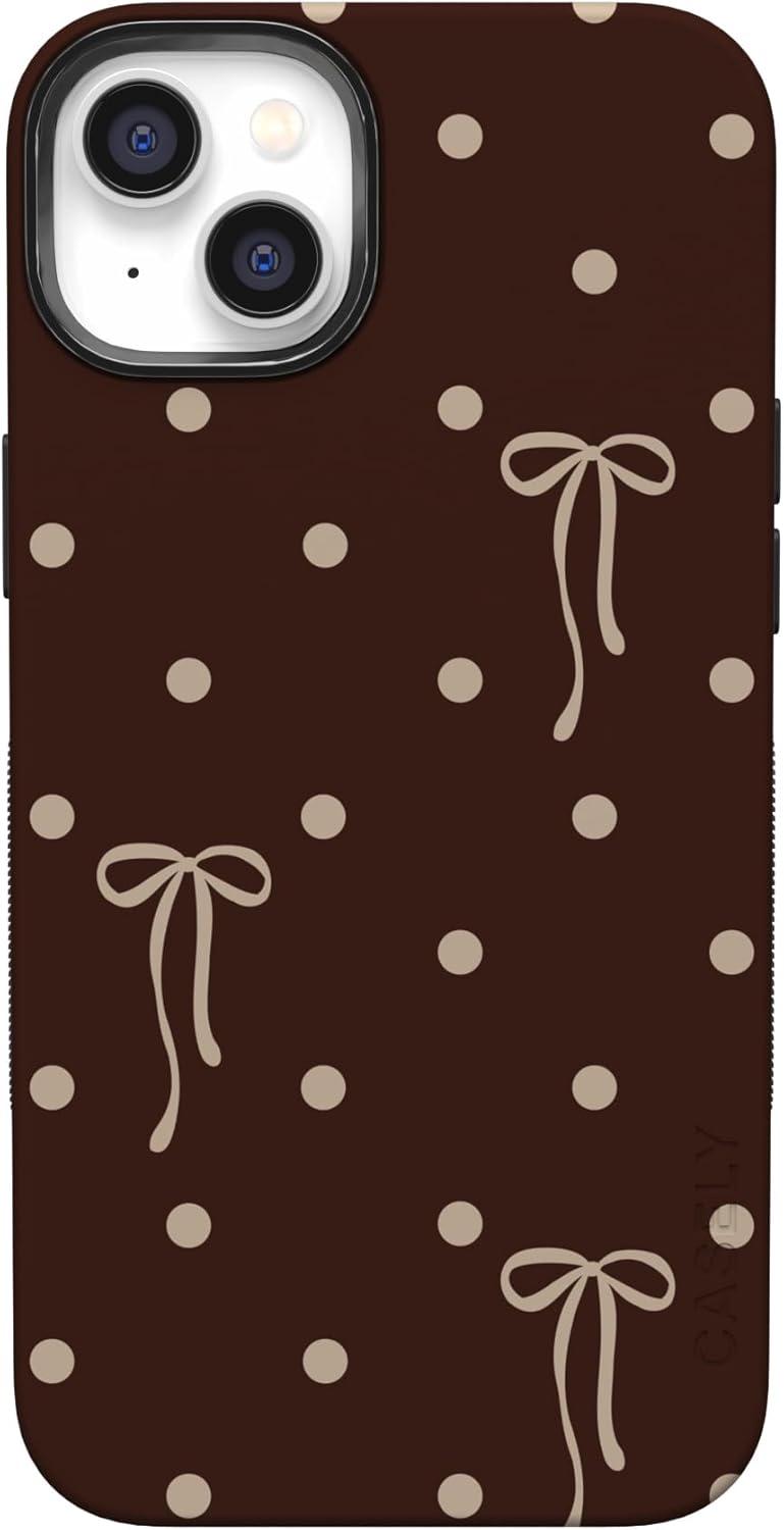 imageCasely iPhone 15 Pro Case Heart Noir Tiny Hearts Bold Protective Design MagSafe Compatible DesignTeddy Bows Brown Polka Dot