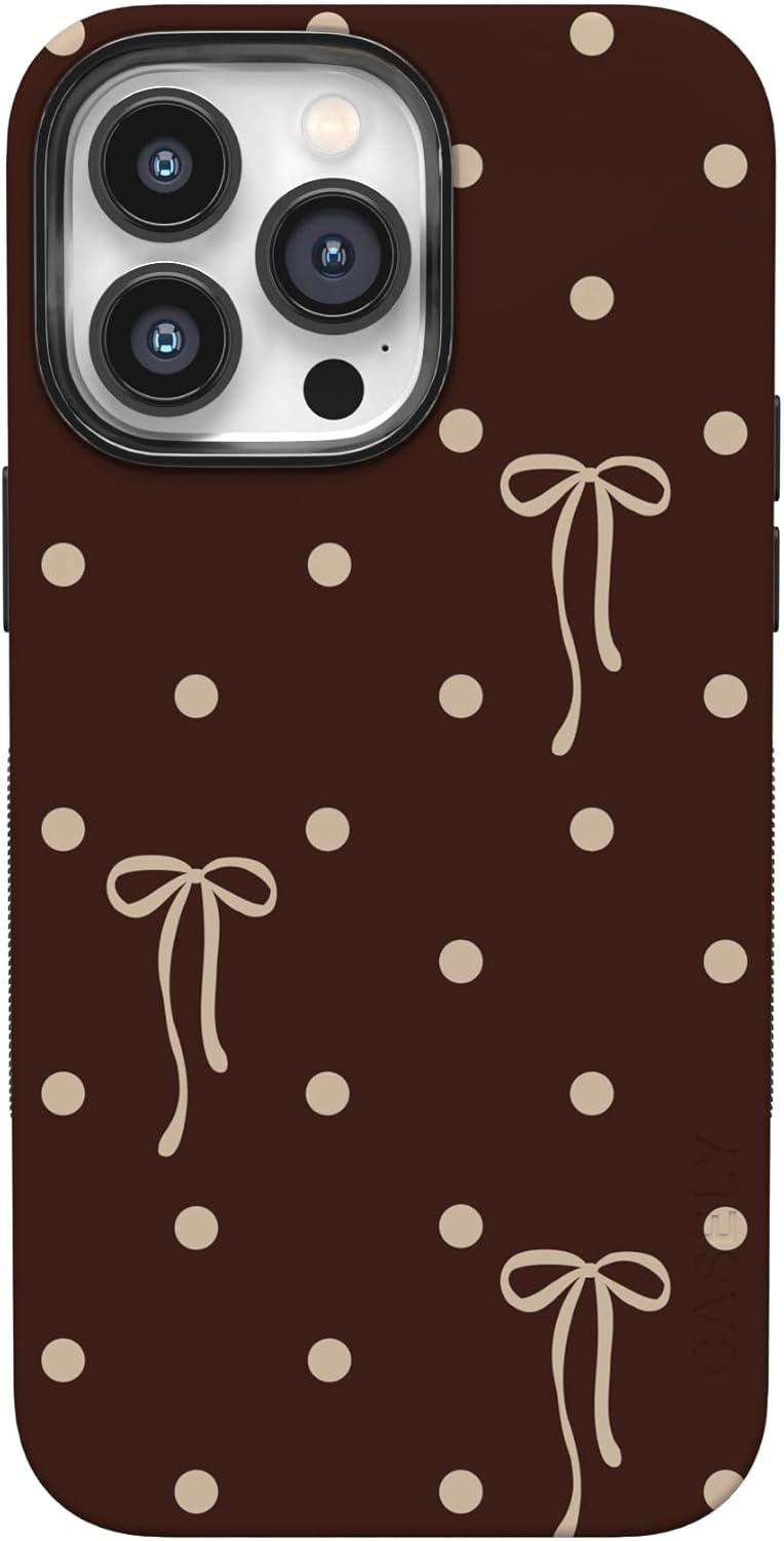 imageCasely iPhone 15 Pro Case Heart Noir Tiny Hearts Bold Protective Design MagSafe Compatible DesignTeddy Bows Brown Polka Dot