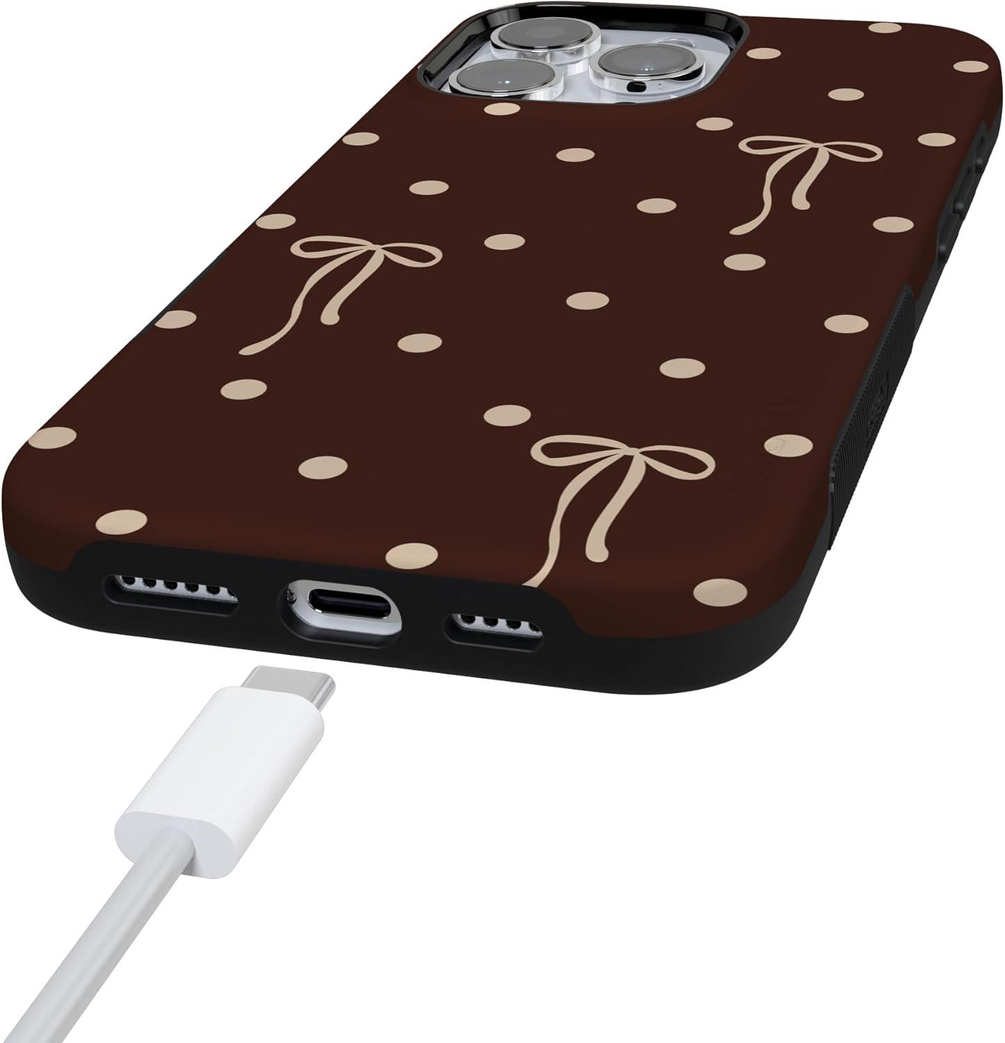 imageCasely iPhone 15 Pro Case Heart Noir Tiny Hearts Bold Protective Design MagSafe Compatible DesignTeddy Bows Brown Polka Dot