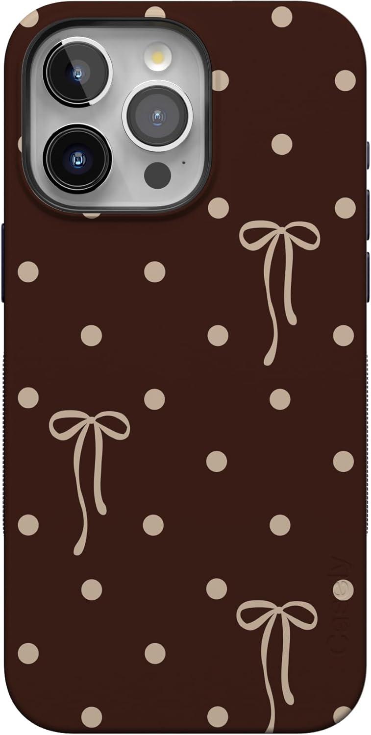 imageCasely iPhone 15 Pro Case Heart Noir Tiny Hearts Bold Protective Design MagSafe Compatible DesignTeddy Bows Brown Polka Dot