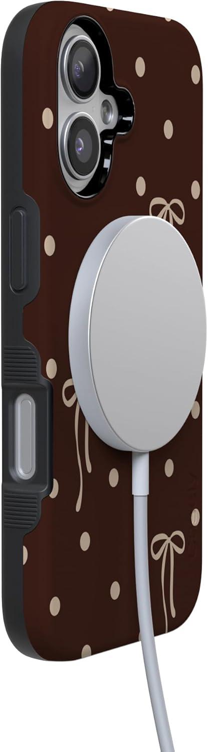 imageCasely iPhone 15 Pro Case Heart Noir Tiny Hearts Bold Protective Design MagSafe Compatible DesignTeddy Bows Brown Polka Dot