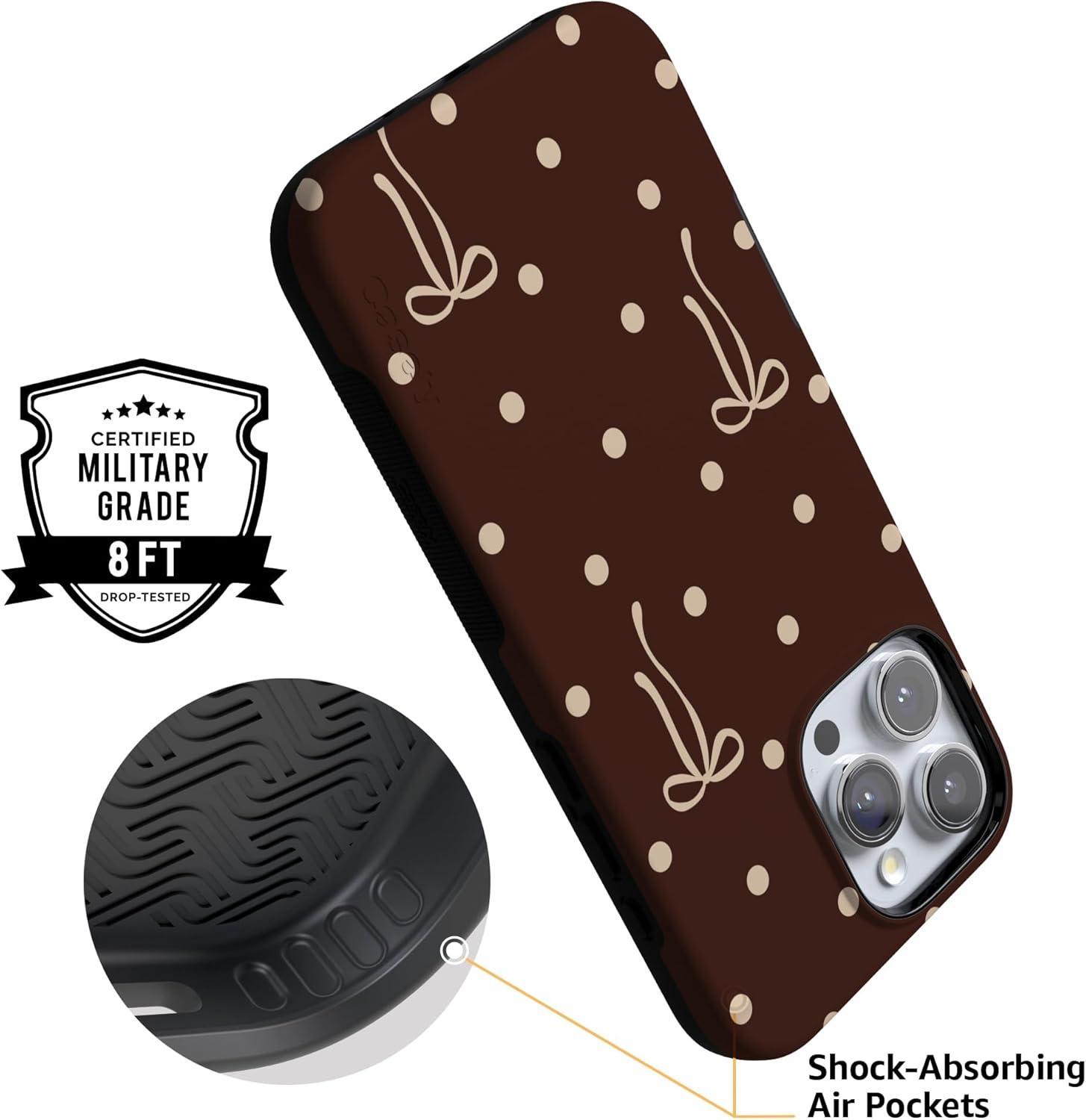 imageCasely iPhone 15 Pro Case Heart Noir Tiny Hearts Bold Protective Design MagSafe Compatible DesignTeddy Bows Brown Polka Dot