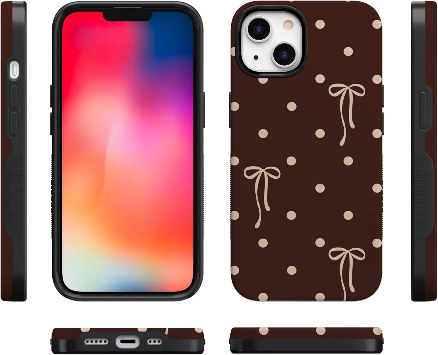 imageCasely iPhone 15 Pro Case Heart Noir Tiny Hearts Bold Protective Design MagSafe Compatible DesignTeddy Bows Brown Polka Dot