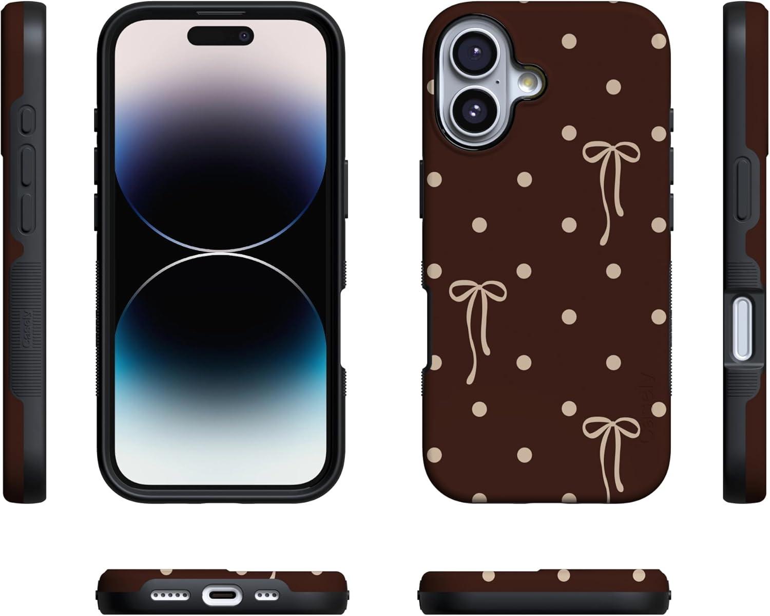 imageCasely iPhone 15 Pro Case Heart Noir Tiny Hearts Bold Protective Design MagSafe Compatible DesignTeddy Bows Brown Polka Dot