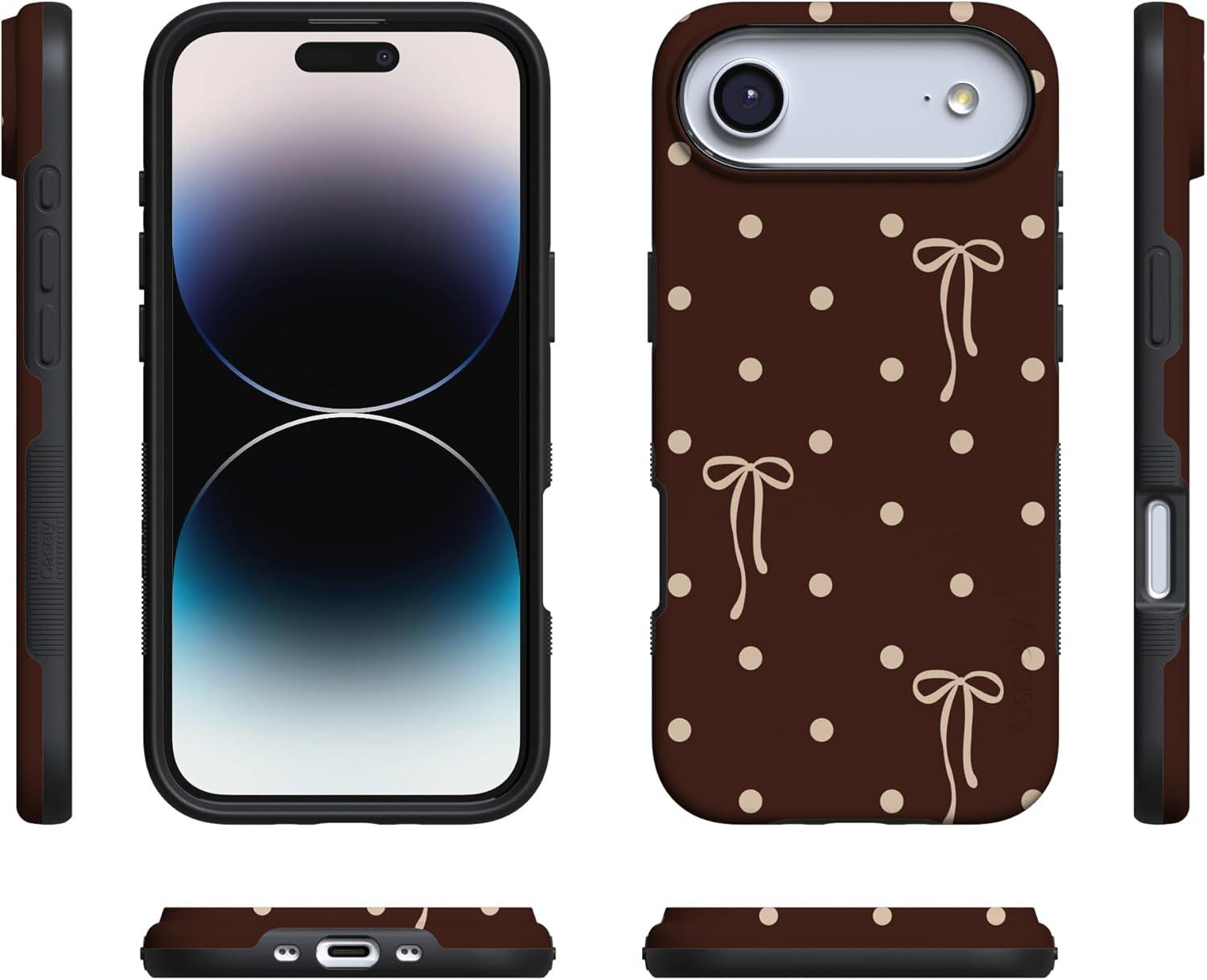 imageCasely iPhone 15 Pro Case Heart Noir Tiny Hearts Bold Protective Design MagSafe Compatible DesignTeddy Bows Brown Polka Dot