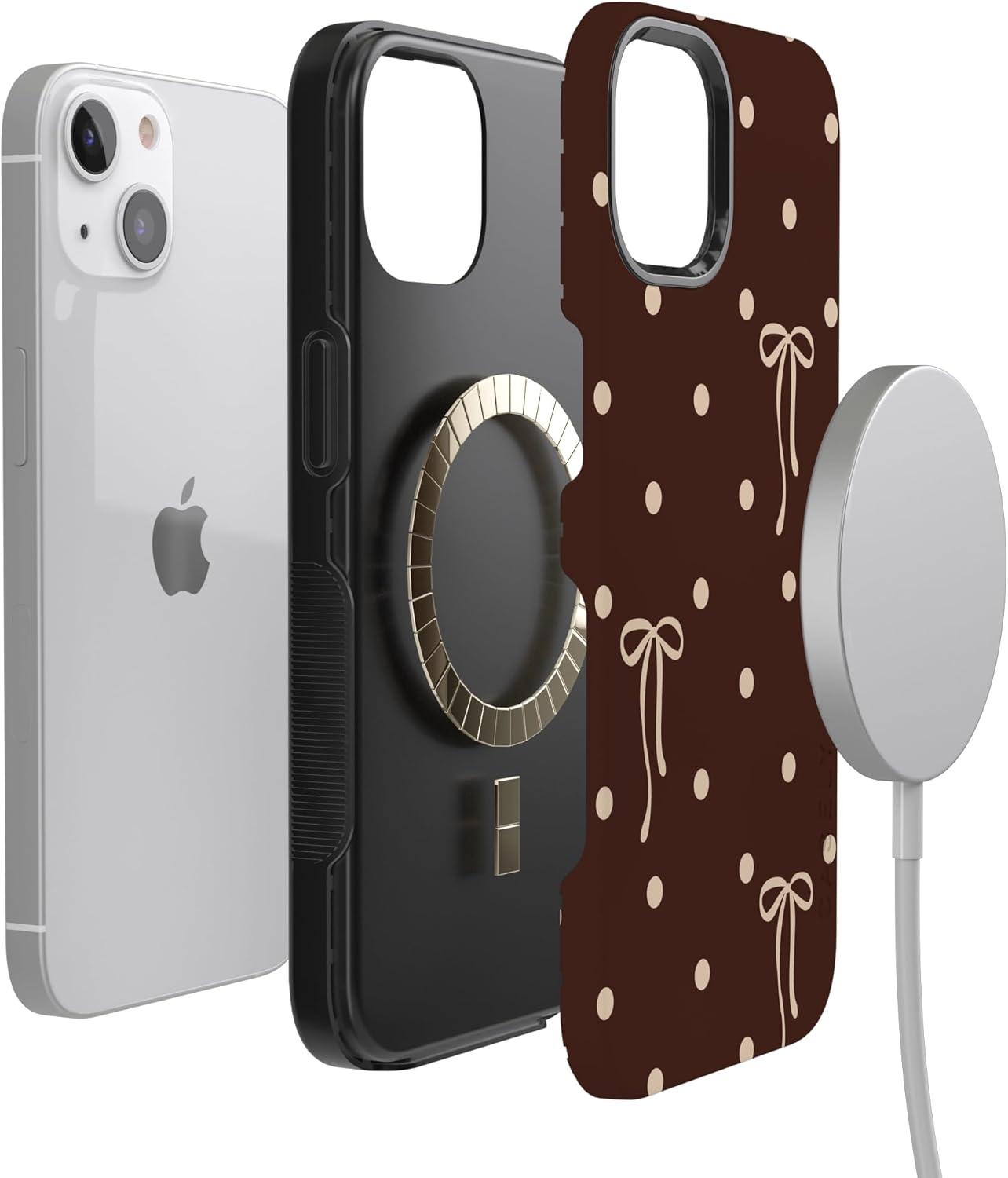 imageCasely iPhone 15 Pro Case Heart Noir Tiny Hearts Bold Protective Design MagSafe Compatible DesignTeddy Bows Brown Polka Dot